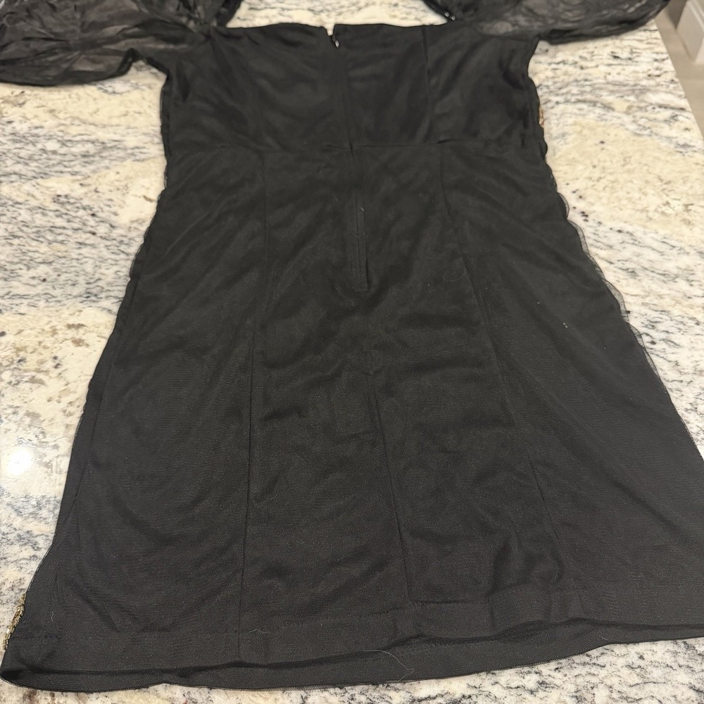 ASOS Black Rose Appliqué Puff Sleeve Bodycon Mini Dress NWT size 12 Fits Like S - Picture 14 of 16